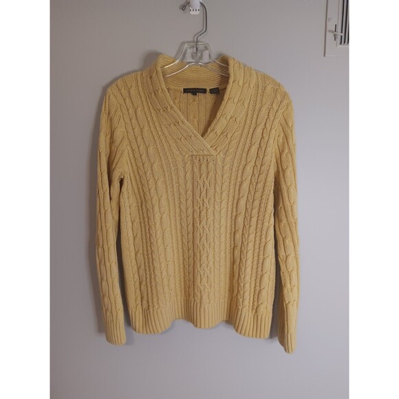 Jeanne Pierre 100% Cotton Cable Knit Shawl Collar Sweater Yellow Sz Medium - Picture 1 of 5
